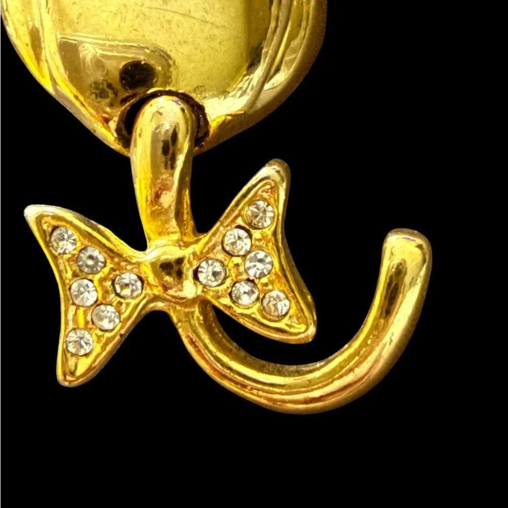 Vintage Gold Tone Cat Brooch Rhinestone Bow Kitty Pin Retro Cute 2.25”